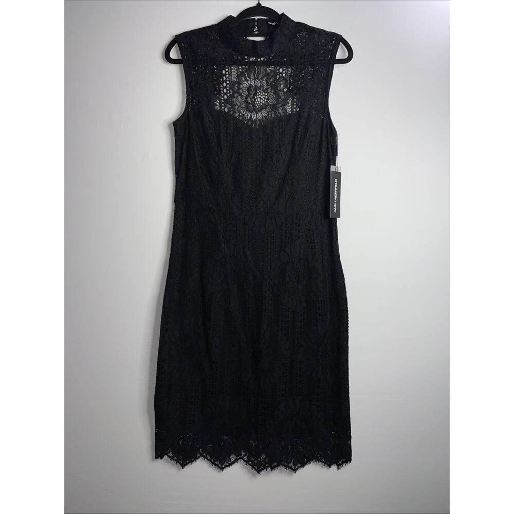 Karl Lagerfeld Womens Black Lace Collared Open Back Sheath Dress Sz 10 Cocktail